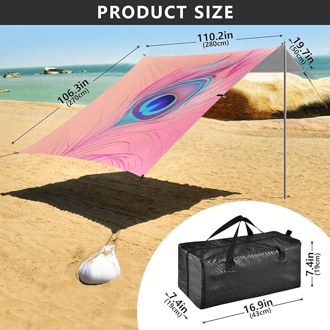 ALAZA Pink Peacock Feather Beach Tent Sun Shelter Portable Canopy Sunshade for Outdoor Camping Picnics Backyard Fun 10x9 ft