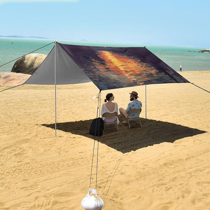 Oil Painting Sunset River Beach Tent Sun Shelter Set UPF50+ UV Protection 10.5 x 9.19 FT Camping Shade Canopy with Sandbags Sand Anchors Carrying Bag and Others