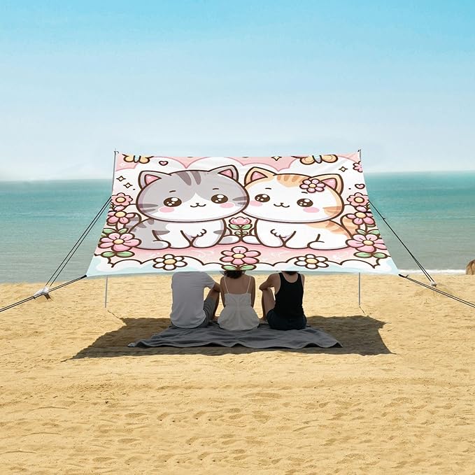 Kawaii Kitten and Cute Flowers Beach Tent Sun Shelter Set UPF50+ UV Protection 10.5 x 9.19 FT Camping Shade Canopy with Sandbags Sand Anchors Carrying Bag and Others