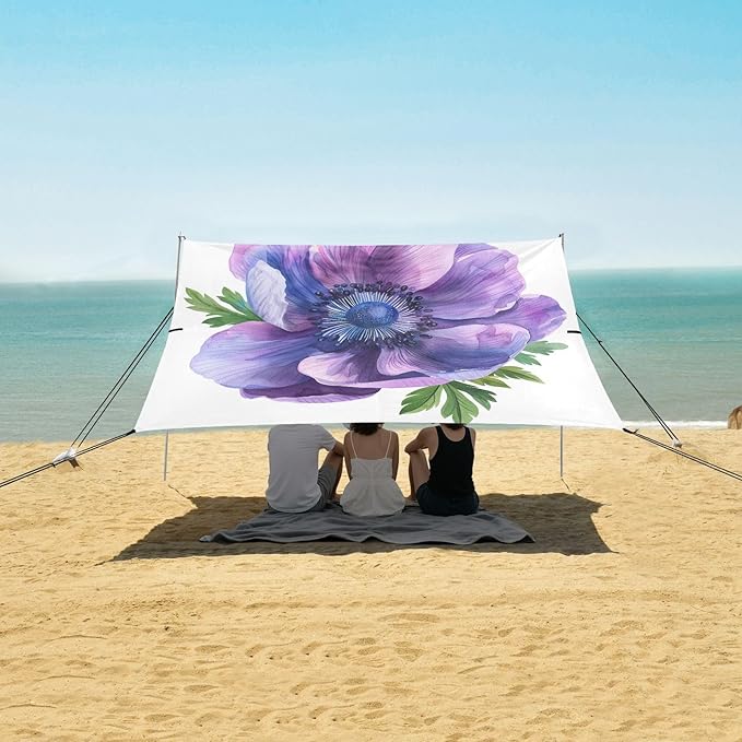 ALAZA Watercolor Anemone Flower Beach Tent Sun Shelter UPF50+ Protection Beach Shade Canopy w/ 4 Sandbags for Outdoor Camping Fishing Backyard Fun Picnic 10x9 ft