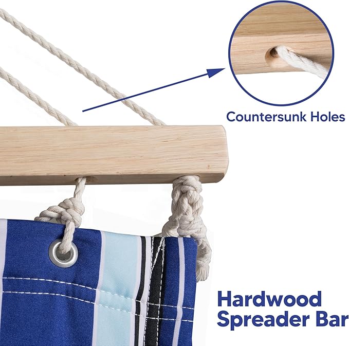 SUNCREAT Hammocks Quilted Fabric Hammock Double Hammock with Spreader Bar Soft Pillow Max 475lbs Capacity Blue Stripes