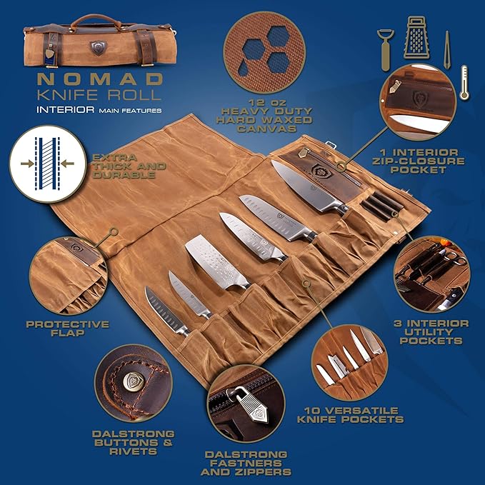 Dalstrong Nomad Knife Wrap Roll - 12oz Waxed Canvas Top Grain Leather Knife Roll Bag- 13 Slots - Interior &amp Rear Zipper Pockets - Travel Storage with Blade