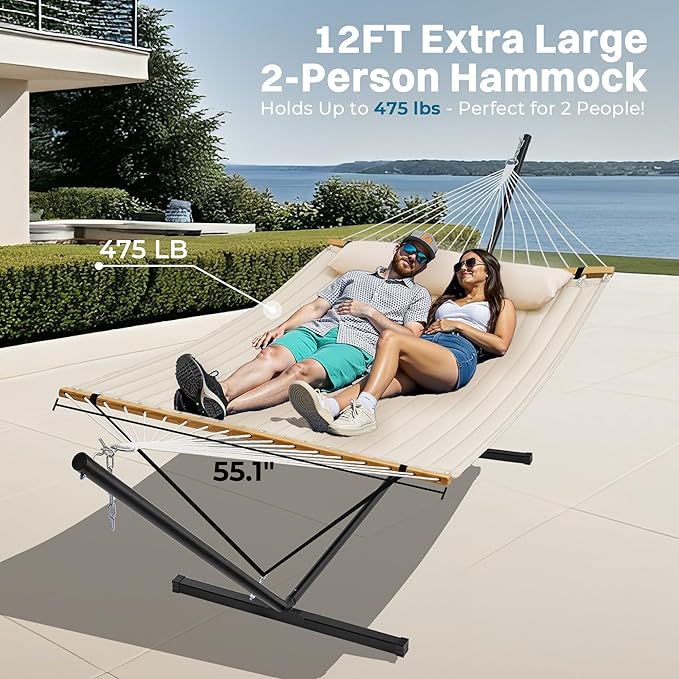 SUPERJARE Hammock with Stand 2 Person Quilted Outdoor Hammock Detachable Pillow &amp Bamboo Spreaders Portable Hammock with Carrying Bag Heavy Duty Stand Perfect for Outside Patio Cream Beige