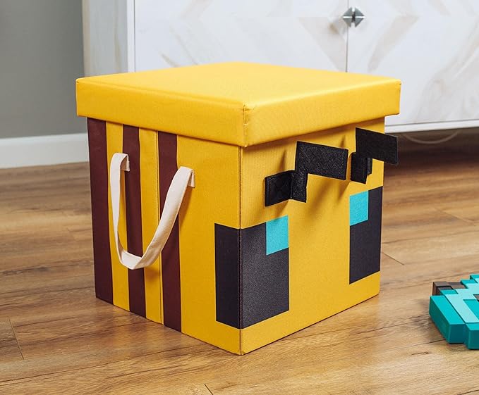 Minecraft Bee 15-Inch Storage Bin Chest with Lid | Foldable Fabric Basket Container Cube Organizer with Handles Cubby Closet Organizer | Video Game Gifts and Collectibles