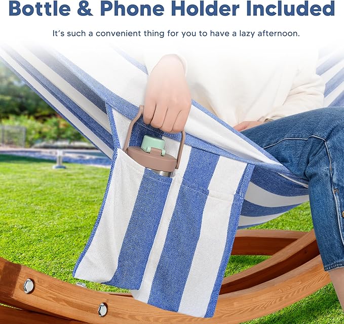 SUNCREAT Hammocks for Outside with Stand Porch Hammock and Stand 475 lbs Capacity Blue &amp White