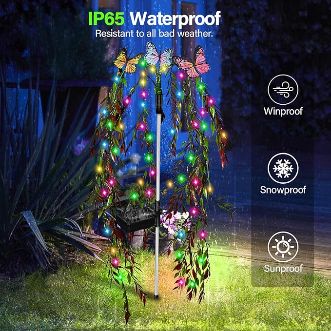 Solar Garden Lights Outdoor Decorative Waterproof 69LED Swaying Tree Solar Lights for Outside Butterfly Flower Lights Solar Power Yard Decor for Pathway Patio Lawn Grave Decorations