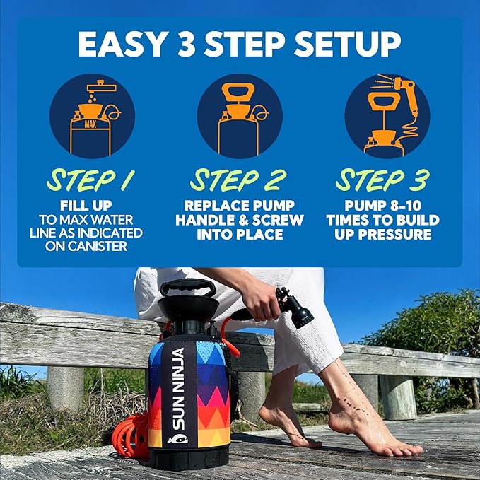 SUN NINJA Portable Shower Camping Shower with 7 Mode Shower Head Neoprene Cover Helps Keep Water Warm High Pressure Hose Easy to Carry