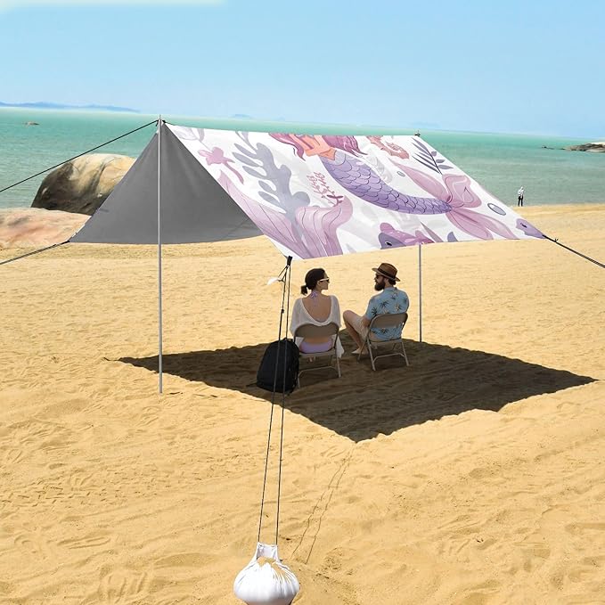 ALAZA Mermaid Seahorse Beach Tent Sun Shelter UPF50+ Protection Beach Shade Canopy w/ 4 Sandbags for Outdoor Camping Fishing Backyard Fun Picnic 10x9 ft