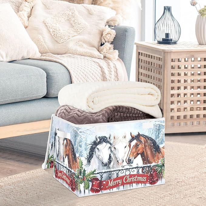 senya Christmas Baskets Collapsible Storage Bins with Lids Horses in The Snow Christmas Storage Boxes Clothes Baskets for Organizing