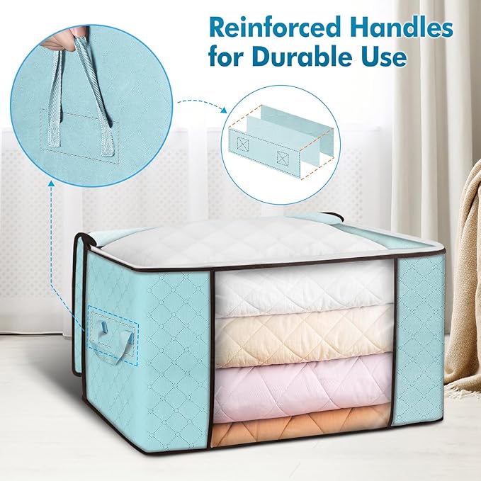 Budding Joy 90L Large Storage Bags 8 Pack Clothes Storage Bins Foldable Closet Organizer Storage Containers with Durable Handles Storage and Organization Blanket Pillows and Toys (Blue)