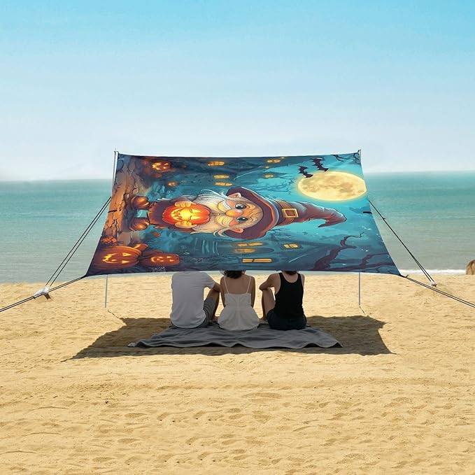 ALAZA Halloween Gnome Beach Tent Sun Shelter UPF50+ Protection Beach Shade Canopy w/ 4 Sandbags for Outdoor Camping Fishing Backyard Fun Picnic 10x9 ft