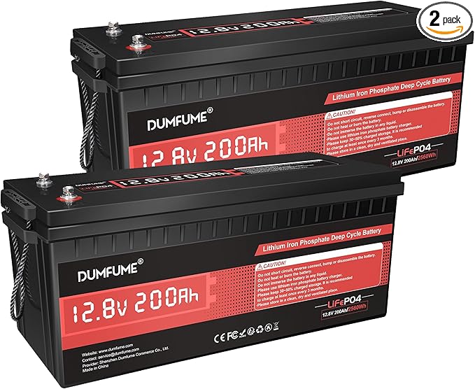 2 pack Dumfume 12V 200Ah LiFePO4 Lithium Battery2560Wh Energy1280W Load200A BMS &amp 95% Discharge Efficiency15000+ Cycles for Solar RV Off-Grid Camping Home Backup