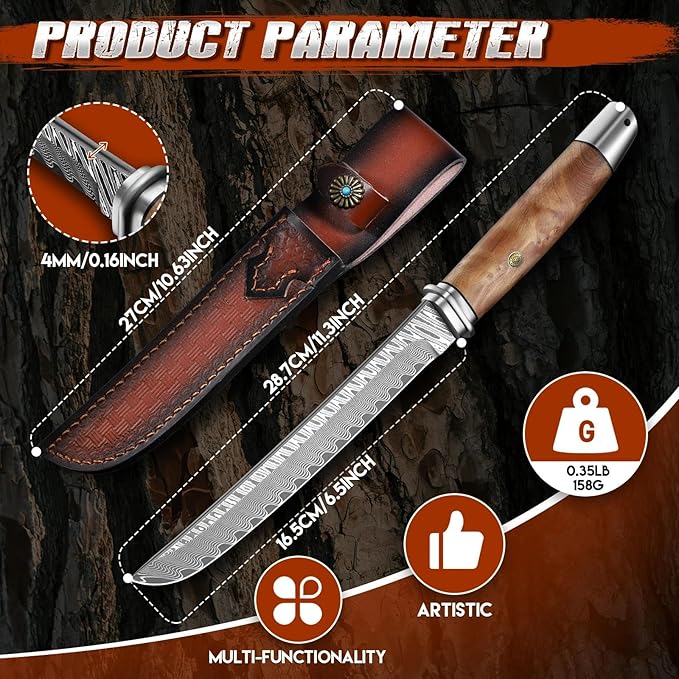Dragon Creek Fixed Blade Tanto Knife - Wooden Handle Outdoor Survival Knife with Leather Sheath for Camping Hiking Gift Men