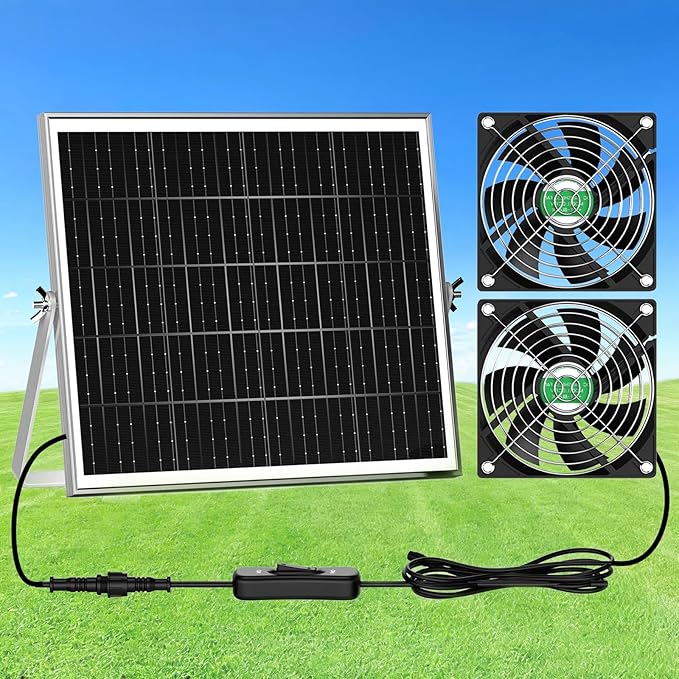 Solar Chicken Coop Fan 2 Kit 20W Solar Powered Greenhouse Fan Outdoor Waterproof Solar Exhaust &amp Intake Fans 16.7 ft Cord Hi-Airflow for Shed Dog House Air Circulation Ventilation Cooling