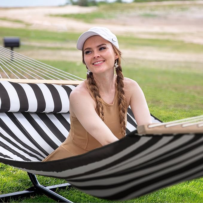SUNCREAT Two Person Hammock with 12ft Stand Included Max 475lbs Capacity Heavy Duty Free Standing Hammock Black Stripes