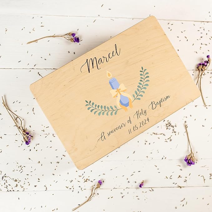 Creative Deco Personalized Wooden Storage Box Baptism Box | 11.8 x 7.87 x 5.51 in (+-0.5) | Candle | Hinged Lid Handles Engraving | Unpainted Gift Box | Rough UNSANDED Keepsake Souvenir Chest
