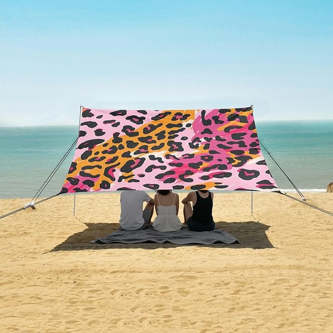 ALAZA Pink Yelliw Leopard Animal Print Beach Tent Sun Shelter Portable Canopy Sunshade for Outdoor Camping Picnics Backyard Fun 10x9 ft