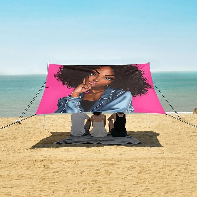 ALAZA Afro Girl Afircan American Beach Tent Sun Shelter UPF50+ Protection Beach Shade Canopy w/ 4 Sandbags for Outdoor Camping Fishing Backyard Fun Picnic 10x9 ft