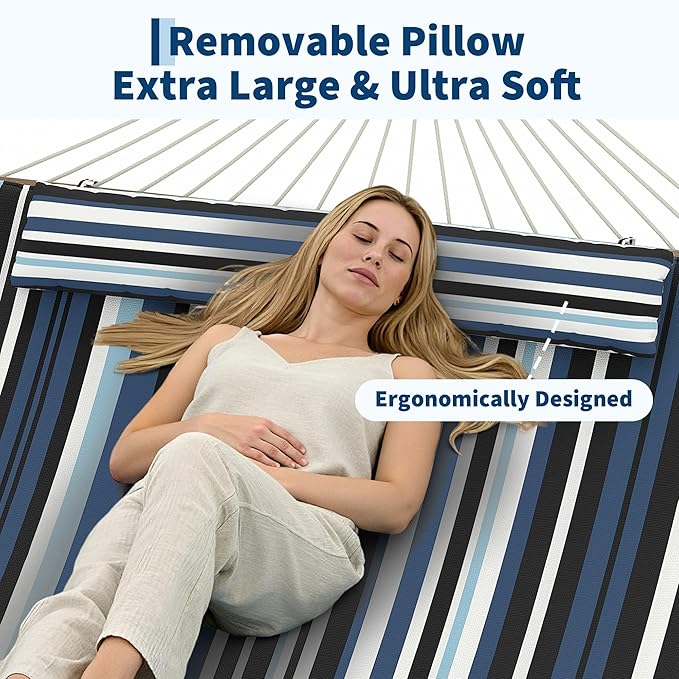 2 Person 12FT Hammocks for Outside Double Quilted Fabric Outdoor Hammock with Spreader Bar Large Removable Pillow Storage Pockets Carabiners Max 450 Lbs Capacity