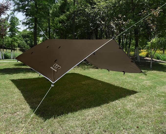 Gold Armour Rainfly Tarp Hammock Premium 14.7ft/12ft/10ft/8ft Rain Fly Cover Waterproof Ultralight Camping Shelter Canopy Survival Equipment Gear Camping Tent Accessories (Brown 10ft x 10ft)