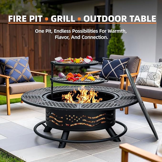 Panovue 47 Inch Fire Pit with 2 Cooking Grates Outdoor Wood Burning BBQ Grill Firepit Bowl with Cover Lid Steel Round Table for Backyard Bonfire Patio Picnic (Black 47IN)