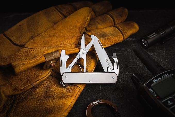 Fox Knives Vulpis FX-VP130-F4 Slipjoint Folding Knife 4-in-1 Multitool 2.17in Blade Bottle Opener Can Opener Flat Head Screwdriver Scissors - Compact Versatile Minimalist Pocket Knife (Titanium)