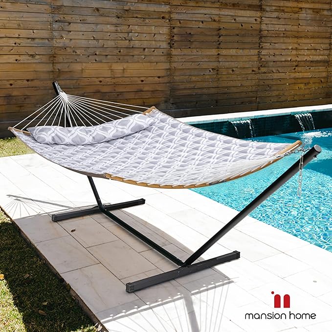 Large Hammock with 12FT Steel Stand Freestanding Hammock with Curved Spreader Bar Pillow and Portable Bag for Outside Gray Ripples