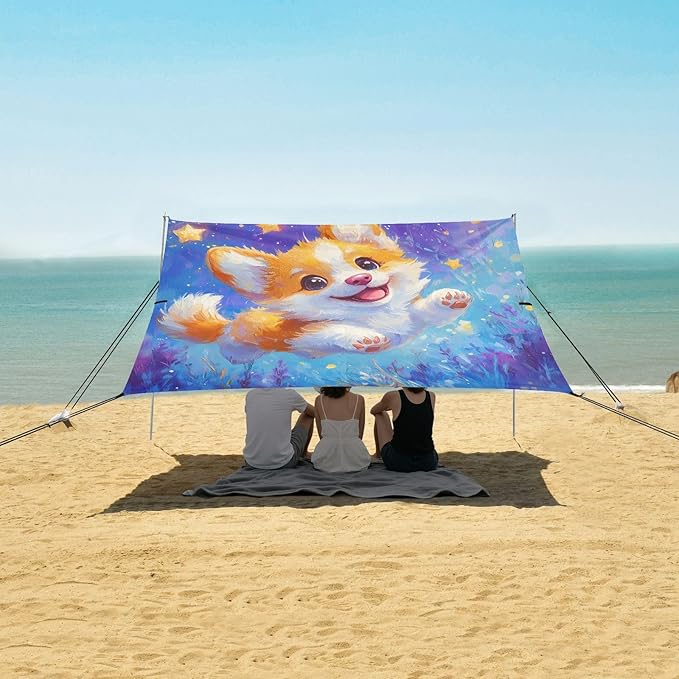 ALAZA Cute Corgi Dog Puppy Starry Beach Tent Sun Shelter UPF50+ Protection Beach Shade Canopy w/ 4 Sandbags for Outdoor Camping Fishing Backyard Fun Picnic 10x9 ft