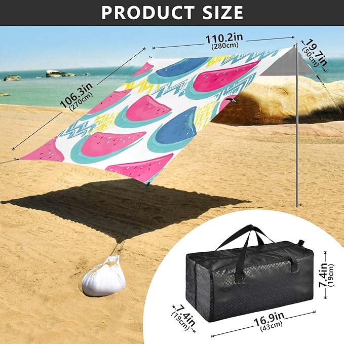 ALAZA Pink Blue Watermelon Pattern Beach Tent Sun Shelter Portable Canopy Sunshade for Outdoor Camping Picnics Backyard Fun 10x9 ft