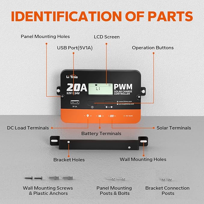 LiTime 12V/24V 20Amp PWM Solar Charge Controller (No Build-in Bluetooth) with LCD Display &amp USB Output for FLA Gel SEL and Lithium Battery