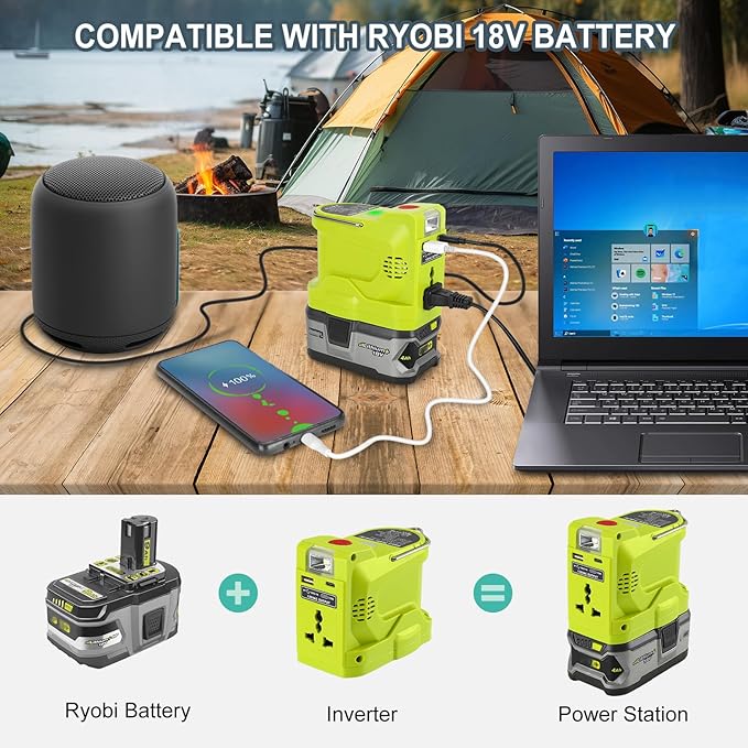 DC 18V to AC 110V Power Inverter Compatible with Ryobi One 18V Battery 200W Portable Modified Sine Wave Power Inverter Converter with LED Light USB and Type-C Port(No Battery)