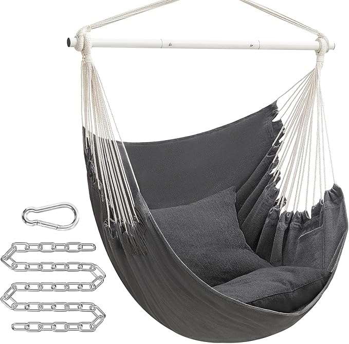 SONGMICS Hammock Chair Load Capacity 500 lb Hanging Chair with 2 Cushions Large Hammock Swing with Chain and Pocket for Indoor Outdoor Living Room Bedroom Slate Gray UGDC197G02
