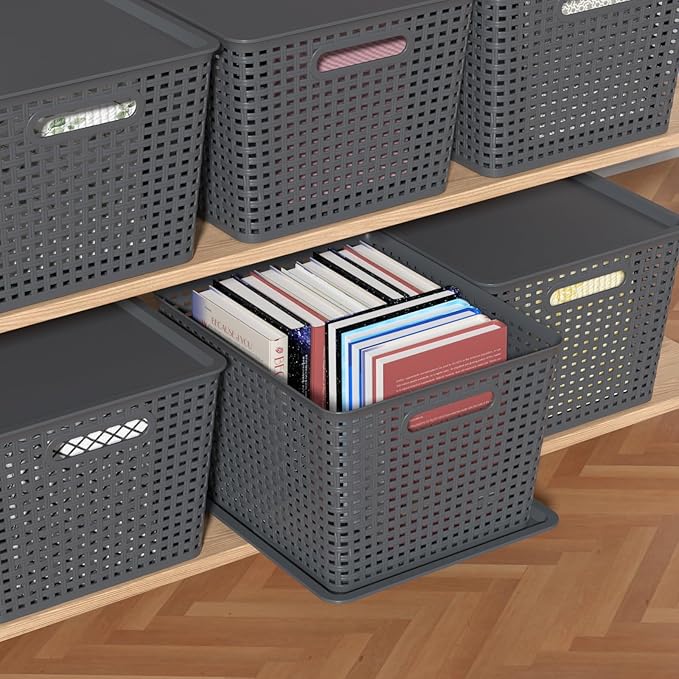 6-Packs Grey Woven Storage Baskets Bins with Lids Plastic Large Stackable Baskets Box 13.58'' x 11.42'' x 8.7''
