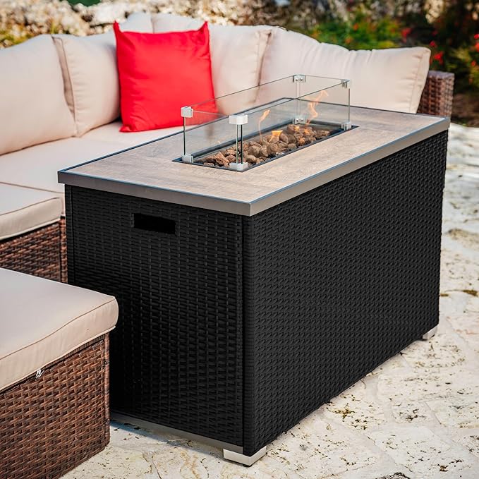 Nestl 43 Inch Fire Pit for Outdoor - 50000 BTU Outdoor Propane Fire Pit Table with Lid Rain Cover &amp Lava Rocks - Patio Fire Pit Table with Tempered Glass for Backyard Gatherings - Black