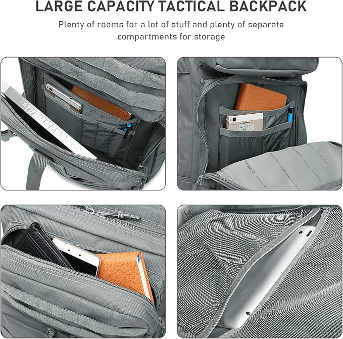 ShowyLive 3P Tactical Backpack Military Rucksack - 45L Large Hiking Backpack Waterproof Durable Camping Backpack for Men Women Travel Outdoor Sports Bug Out Bag (Grey)