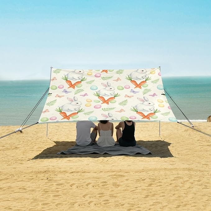 Beach Canopy with Windproof Ropes &amp Sandbags Beach Tent Sun Shade Sun Shelter for Camping Trips Fishing Backyard Fun or Picnics Easter Rabbit