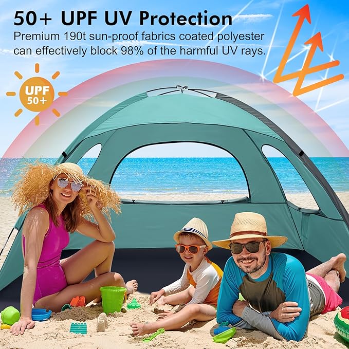 WhiteFang Beach Tent Anti-UV Portable Sun Shade Shelter for 3/4/6/8 Person Extendable Floor with 3 Ventilating Mesh Windows Plus Carrying Bag Stakes and Guy Lines