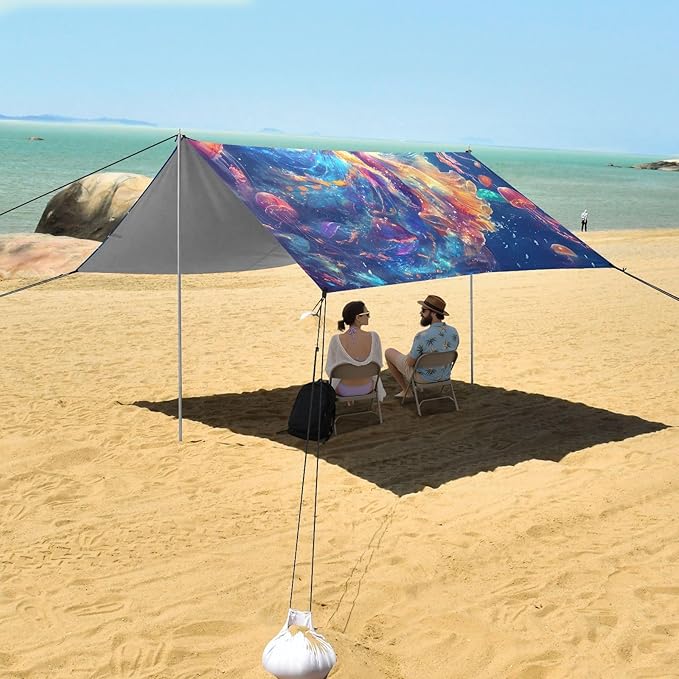 ALAZA Mermaid Jellyfish Beach Tent Sun Shelter UPF50+ Protection Beach Shade Canopy w/ 4 Sandbags for Outdoor Camping Fishing Backyard Fun Picnic 10x9 ft