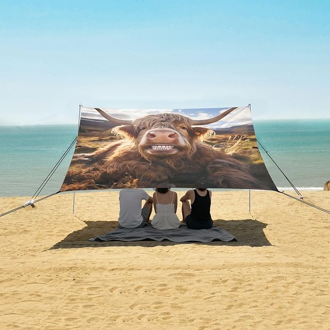 ALAZA Funny Yak Bull/Cow Beach Tent Sun Shelter UPF50+ Protection Beach Shade Canopy w/ 4 Sandbags for Outdoor Camping Fishing Backyard Fun Picnic 10x9 ft