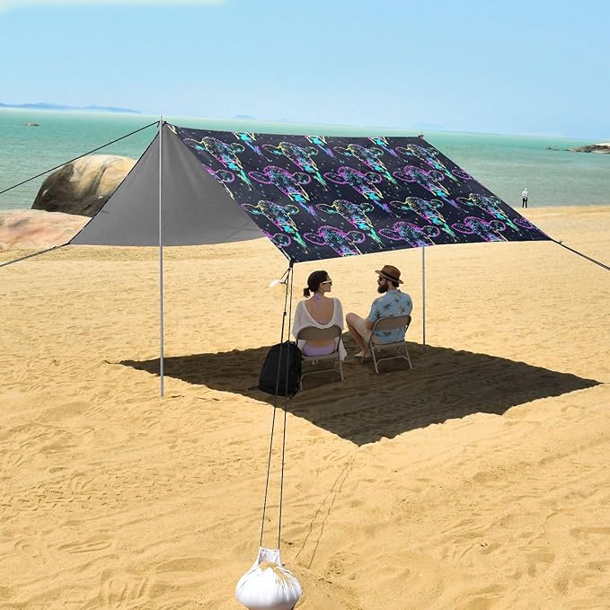ALAZA Neon Cow Portrait Print Beach Tent Sun Shelter UPF50+ Protection Beach Shade Canopy w/ 4 Sandbags for Outdoor Camping Fishing Backyard Fun Picnic 10x9 ft
