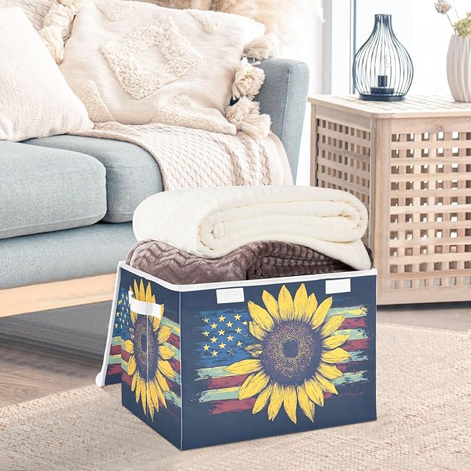 Sunflower America Storage Cube Bins Basket with Lid Collapsible Flip-top Fabric with Handle for Home Bedroom Closet Office 16.5×12.6×11.8 in