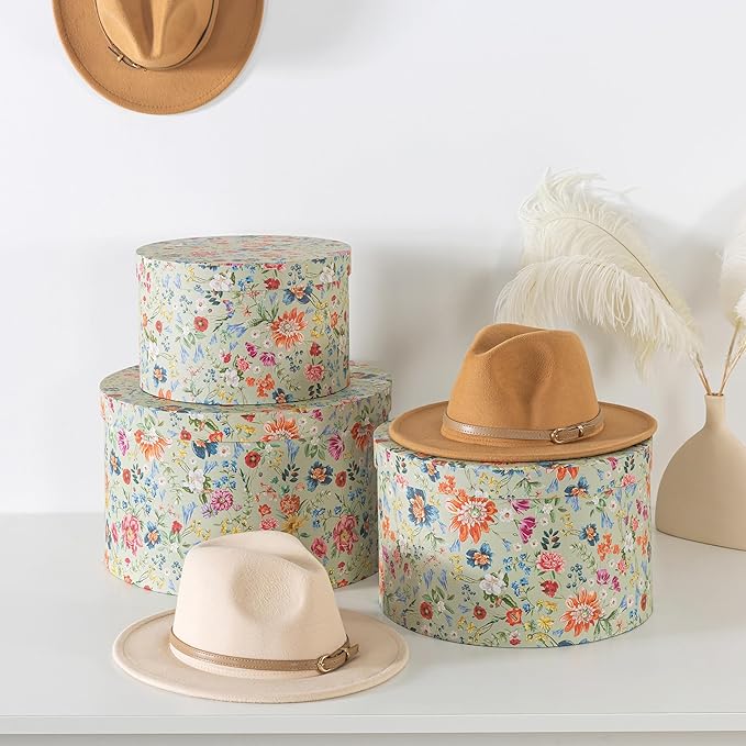 Soul &amp Lane Botanica Bliss Green Round Hat Boxes with Lids - Set of 3 Nesting Cardboard Hat Storage Boho Floral Print Cases Circle Stacking Decorative Keepsake Boxes