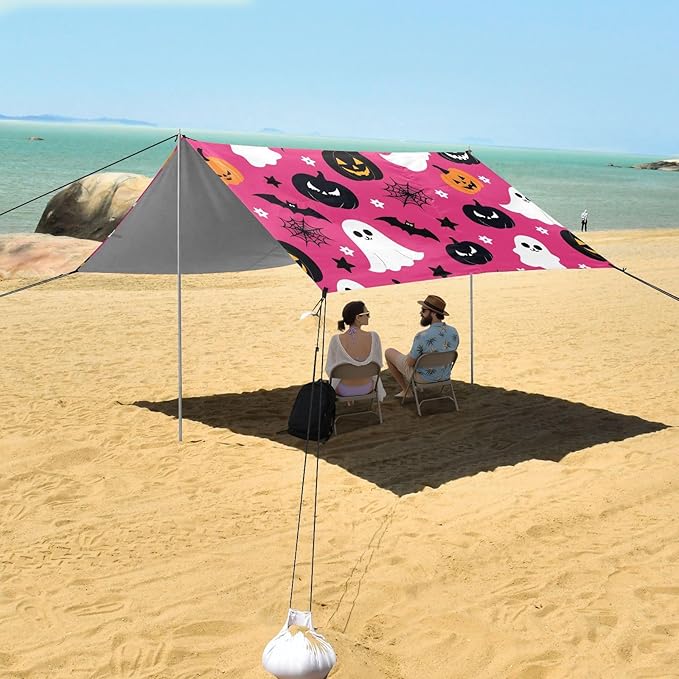 ALAZA Cute Ghost Pumpkin Bat Halloween Beach Tent Sun Shelter UPF50+ Protection Beach Shade Canopy w/ 4 Sandbags for Outdoor Camping Fishing Backyard Fun Picnic 10x9 ft
