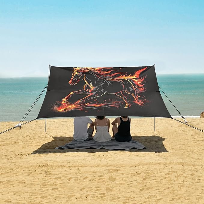 ALAZA Running Horse Flame Beach Tent Sun Shelter UPF50+ Protection Beach Shade Canopy w/ 4 Sandbags for Outdoor Camping Fishing Backyard Fun Picnic 10x9 ft