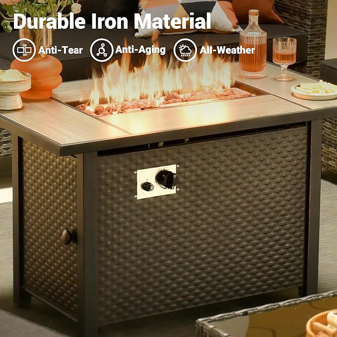 OVIOS 42 Inch Outdoor Patio Fire Pit Table 50000 BTU Heater Metal Steel Frame Propane Firepits with Ceramic Tabletop Waterproof Cover Lid Lava Rock Rectangular Black