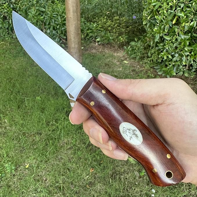 3.54 inches Bowie Knife Full-tang D2 Steel Fixed Blade Rosewood Handle Hunting Knife with Leather for Camping Hiking Survival