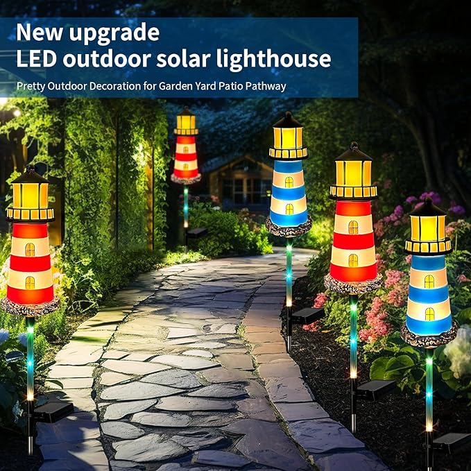 Solar Garden Lights Outdoor Decorations 4 Packs Lighthouse Waterproof Lights walkways Garden Decor for Outside Landscape Light for Yard Patio Pathway Decor Gifts