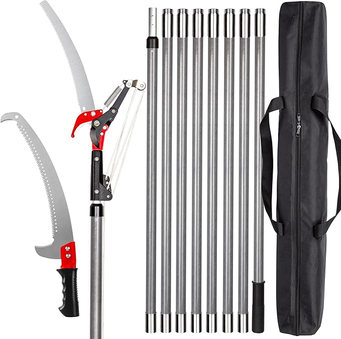 Walensee Pole Saw for Tree Trimming 7.2-27 FT Manual Tree Pruner with 8 Sectional Fiberglass Poles Saw Blade &amp Pruning Scissor Head Adjustable Branch Cutter for Yard Garden with Storage Bag