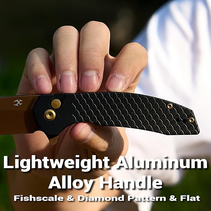 KANSEPT Accipiter Pocket Knife 3.53Rose Gold 14C28N BladeBlack Anodized Aluminum with Fish Scale Texture Handle Flipper Open &amp Button Lock Deep Clip EDC Folding Knives for Camping Hunting T10