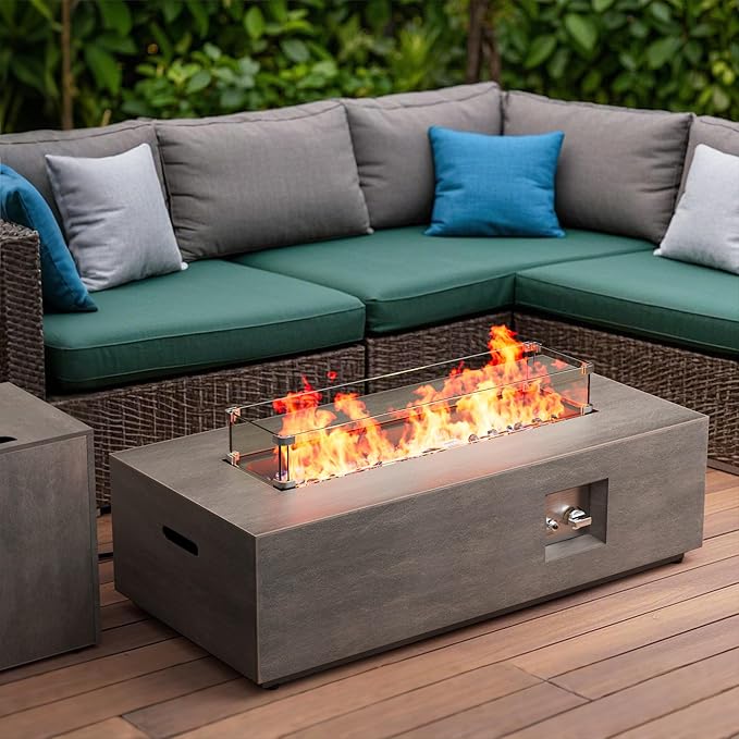 42 Outdoor Fire Pit Table 50000 BTU Gas Fire Pit with Glass Wind Guard Fire Stones Waterproof Cover Propane Fire Pit Table for Outside Patio (Brown)